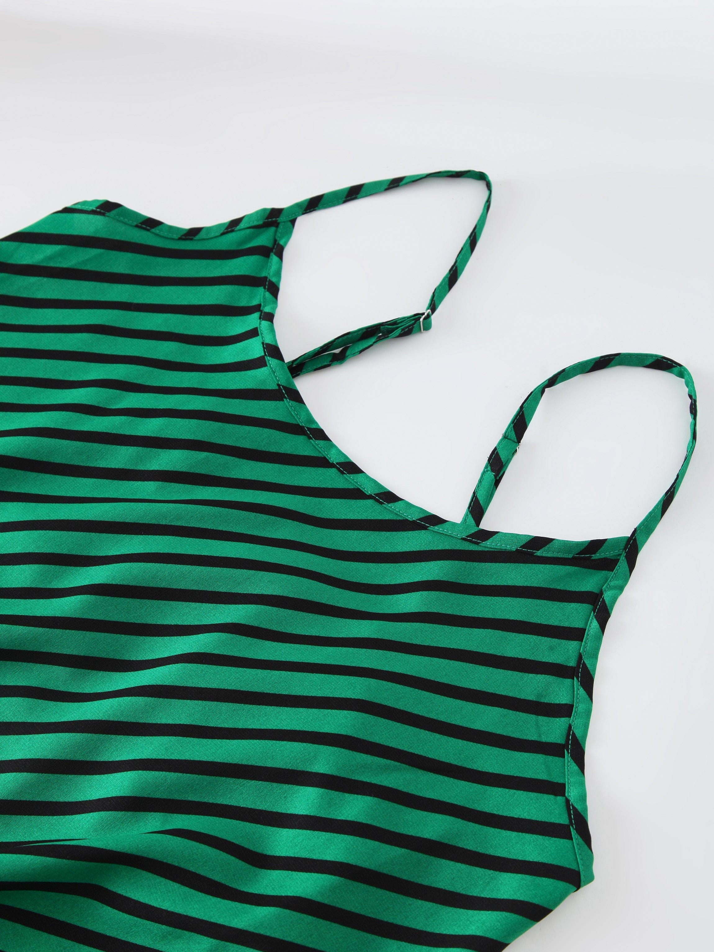 Printed Crew Neck Slip Dress-Black/Green Stripes