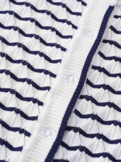 Striped Pointelle Cardigan-Ivory/Navy