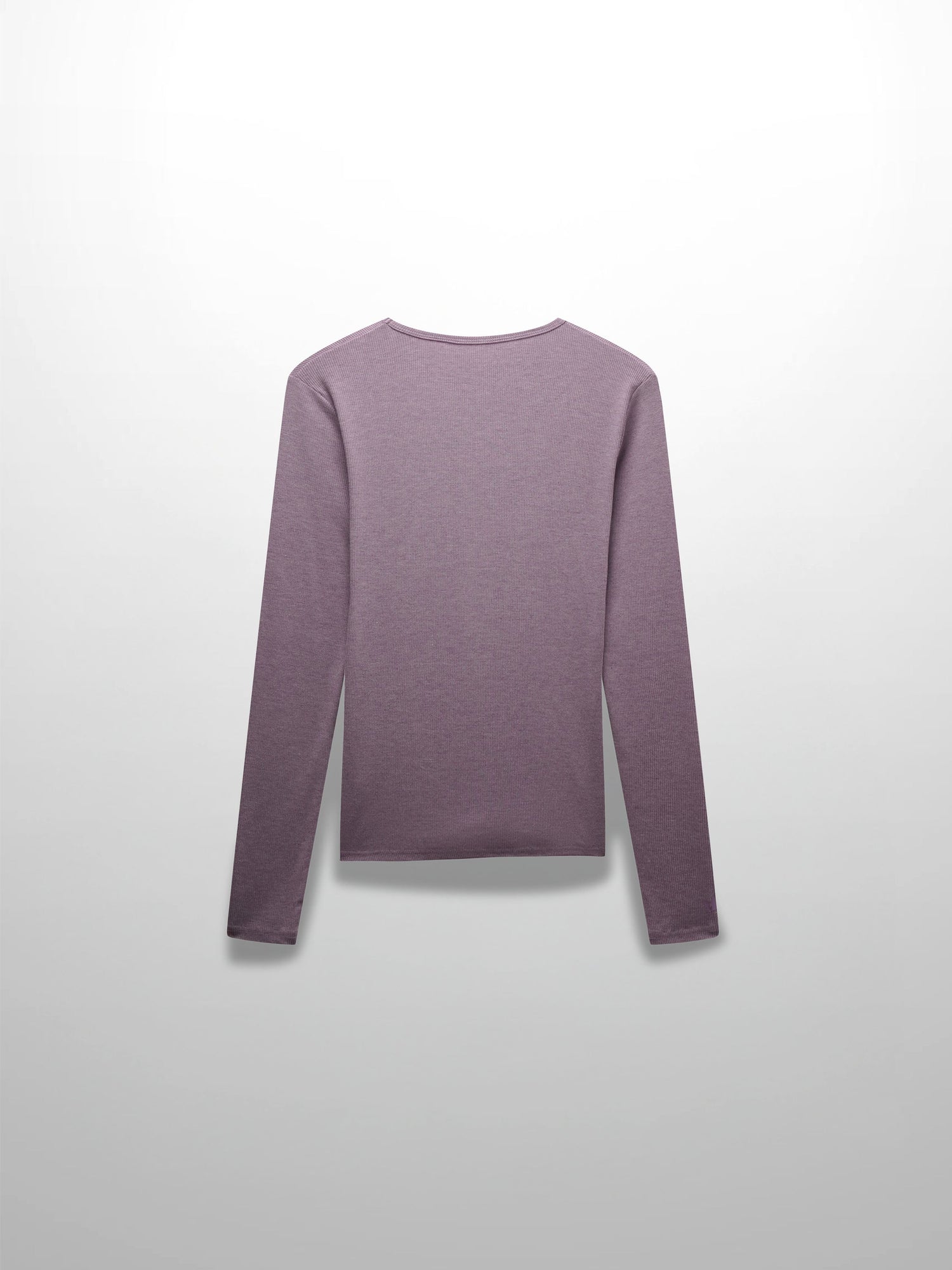This is a full, front view of the long-sleeved, lavender-colored ribbed shirt. The garment is laid out flat against a white background.