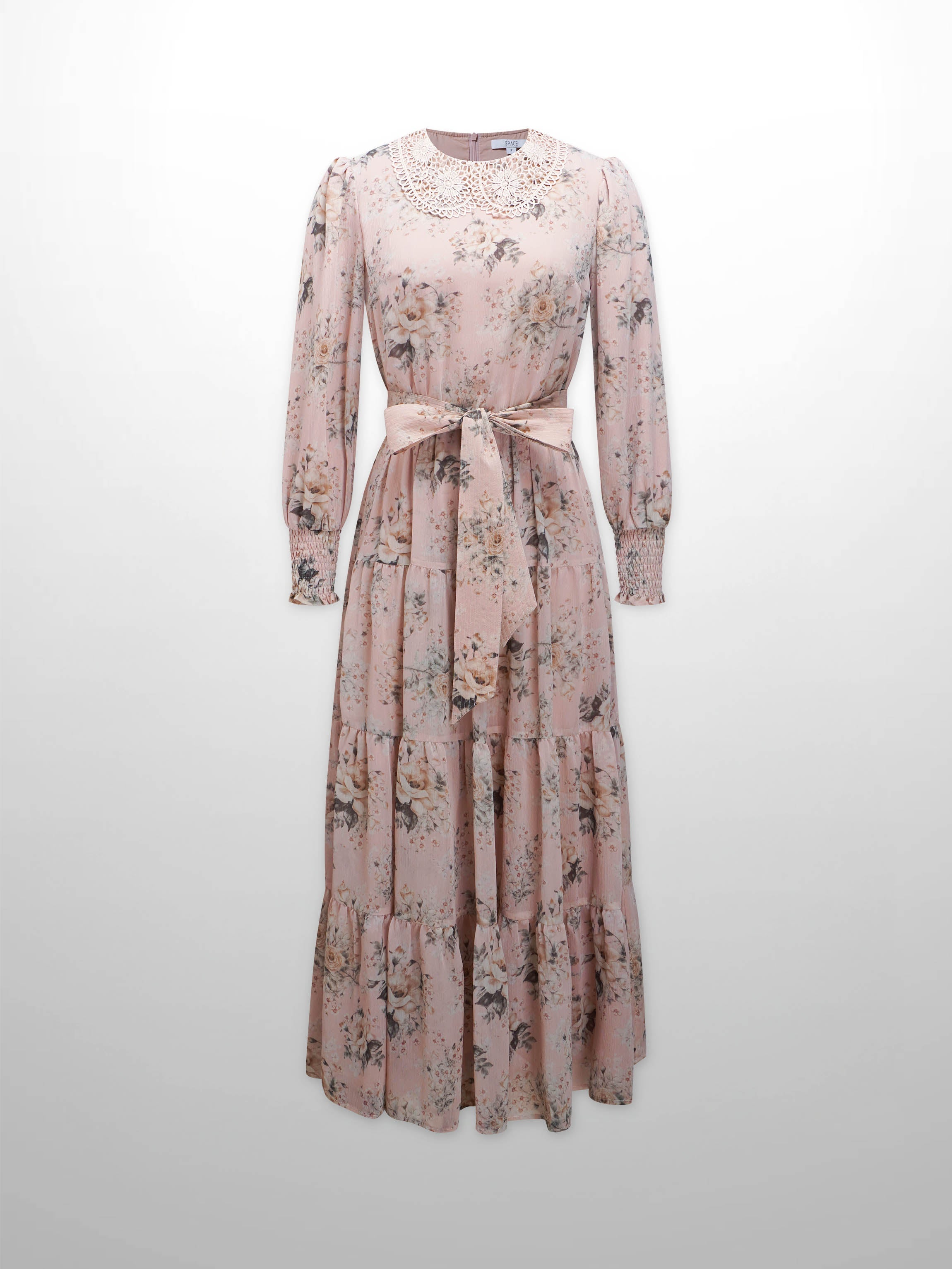 Collared Belted Tiered Dress-Vintage Floral