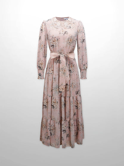 Collared Belted Tiered Dress-Vintage Floral
