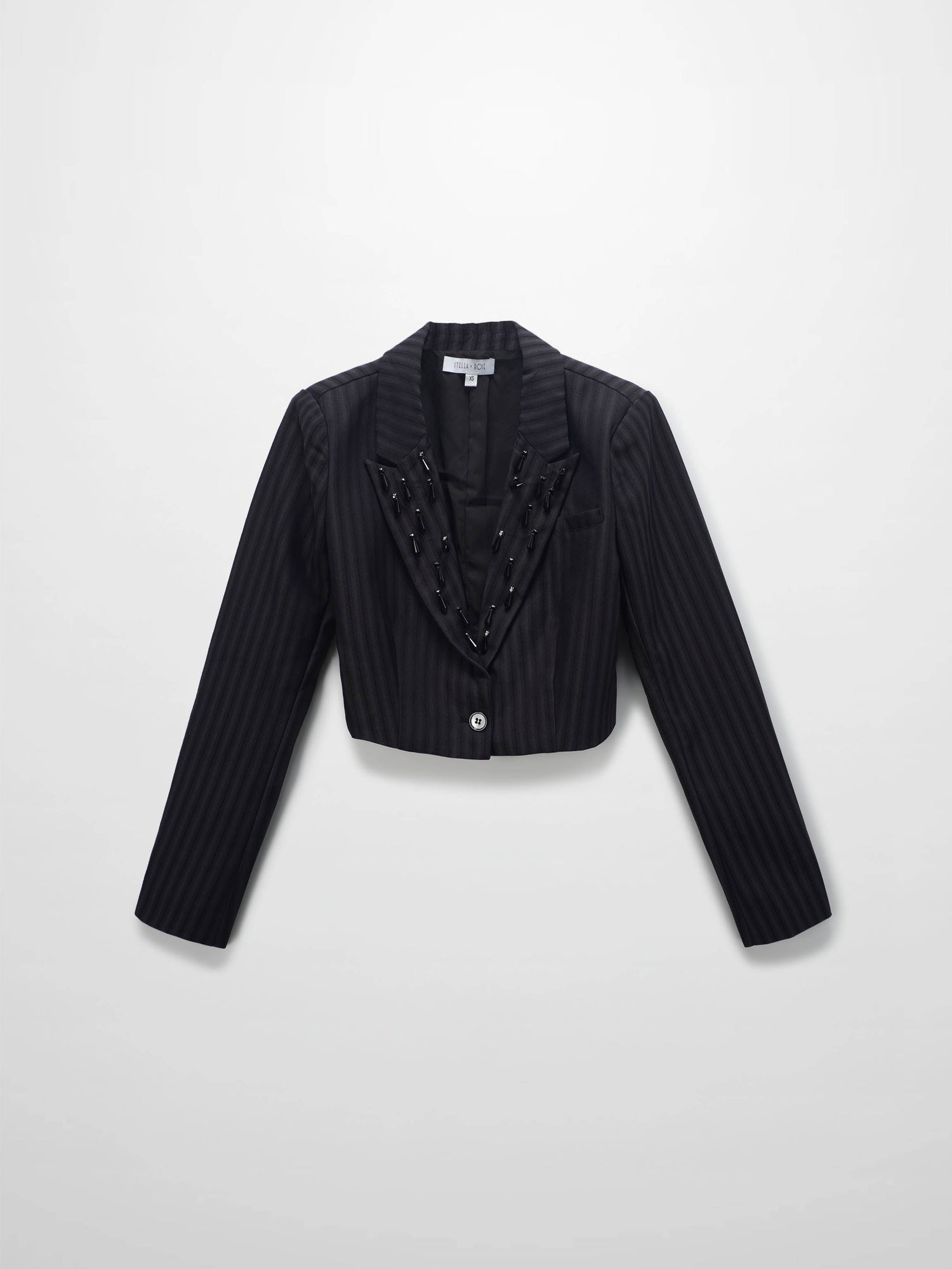 Herringbone Crop Beaded Blazer-Grey/Black