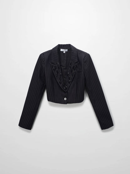 Herringbone Crop Beaded Blazer-Grey/Black