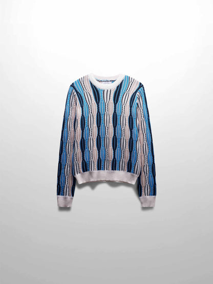 Wave Design Crew Neck Sweater-Tan/Blue