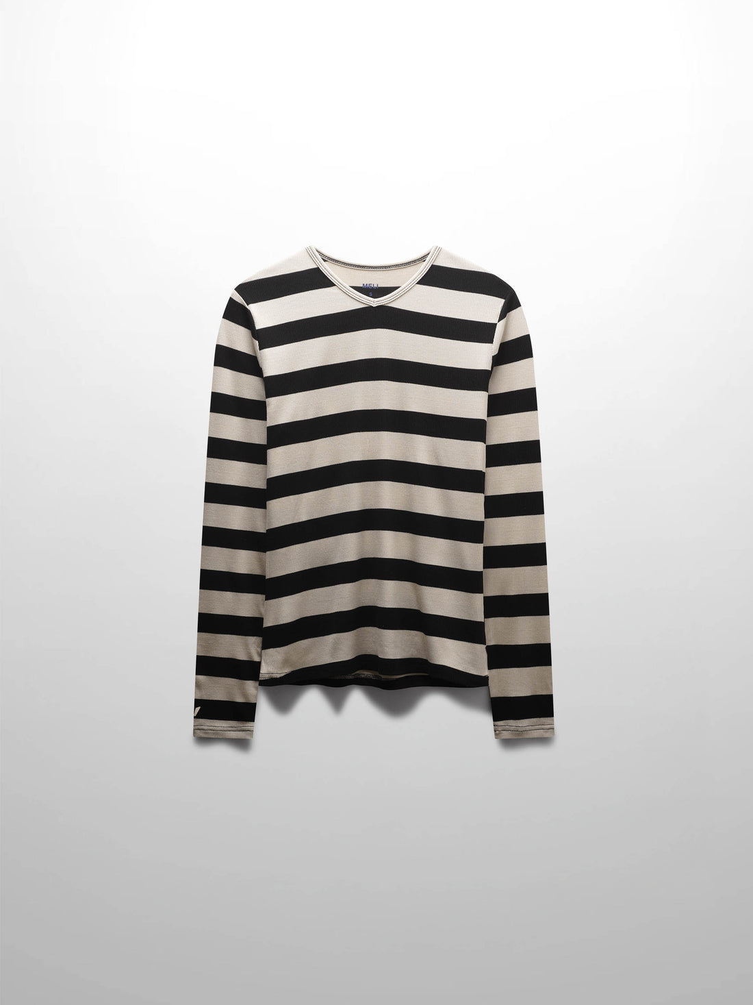 Ribbed Striped High V Tee Long Sleeve-Tan/Black