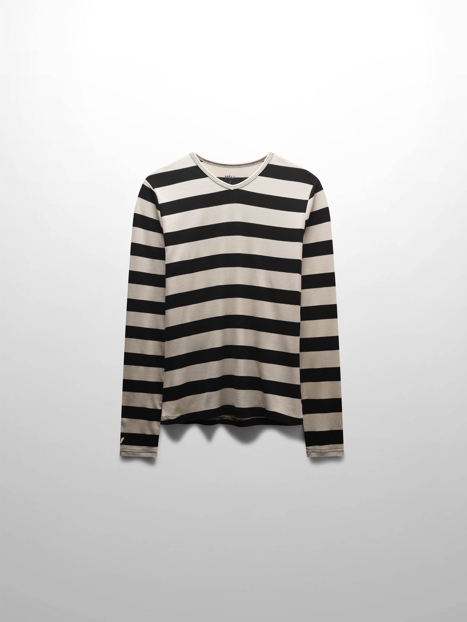 Ribbed Striped High V Tee Long Sleeve-Tan/Black