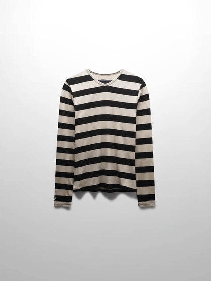Ribbed Striped High V Tee Long Sleeve-Tan/Black