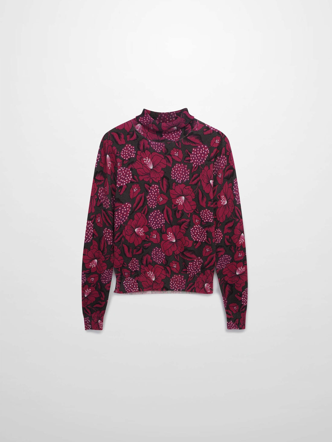 Thin Knit Turtleneck Sweater-Grey Pink Floral