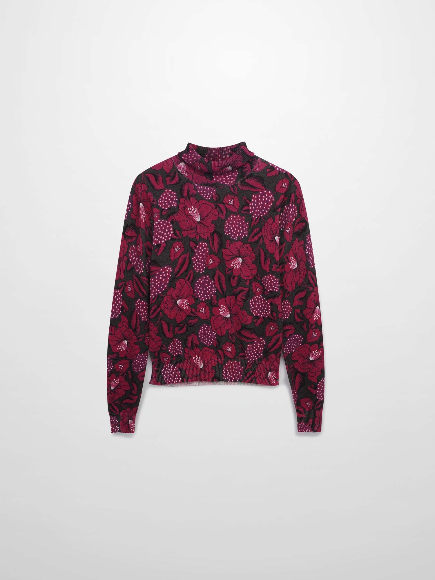 Thin Knit Turtleneck Sweater-Grey Pink Floral