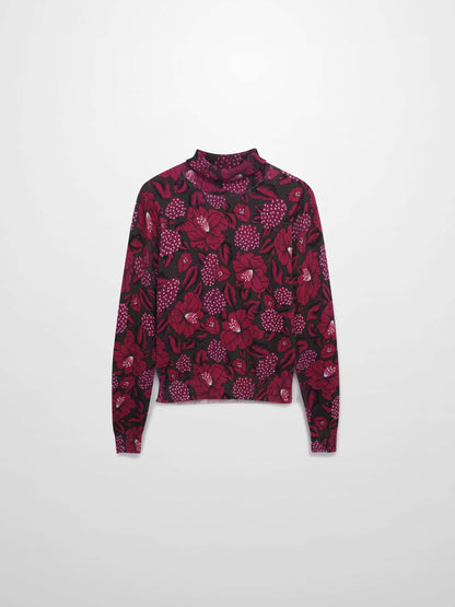 Thin Knit Turtleneck Sweater-Grey Pink Floral