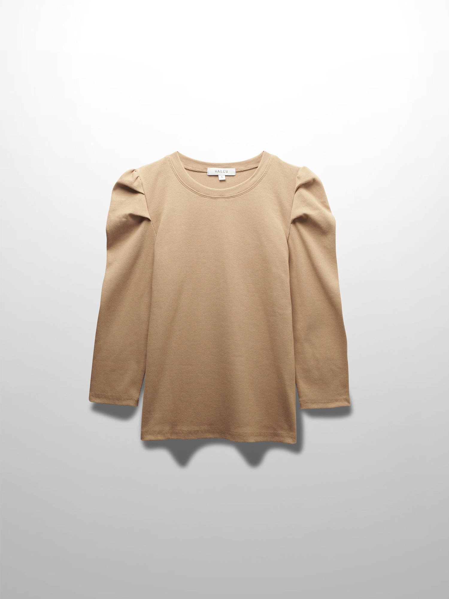 Ribbed Crew Neck Puff Sleeve Top-Tan