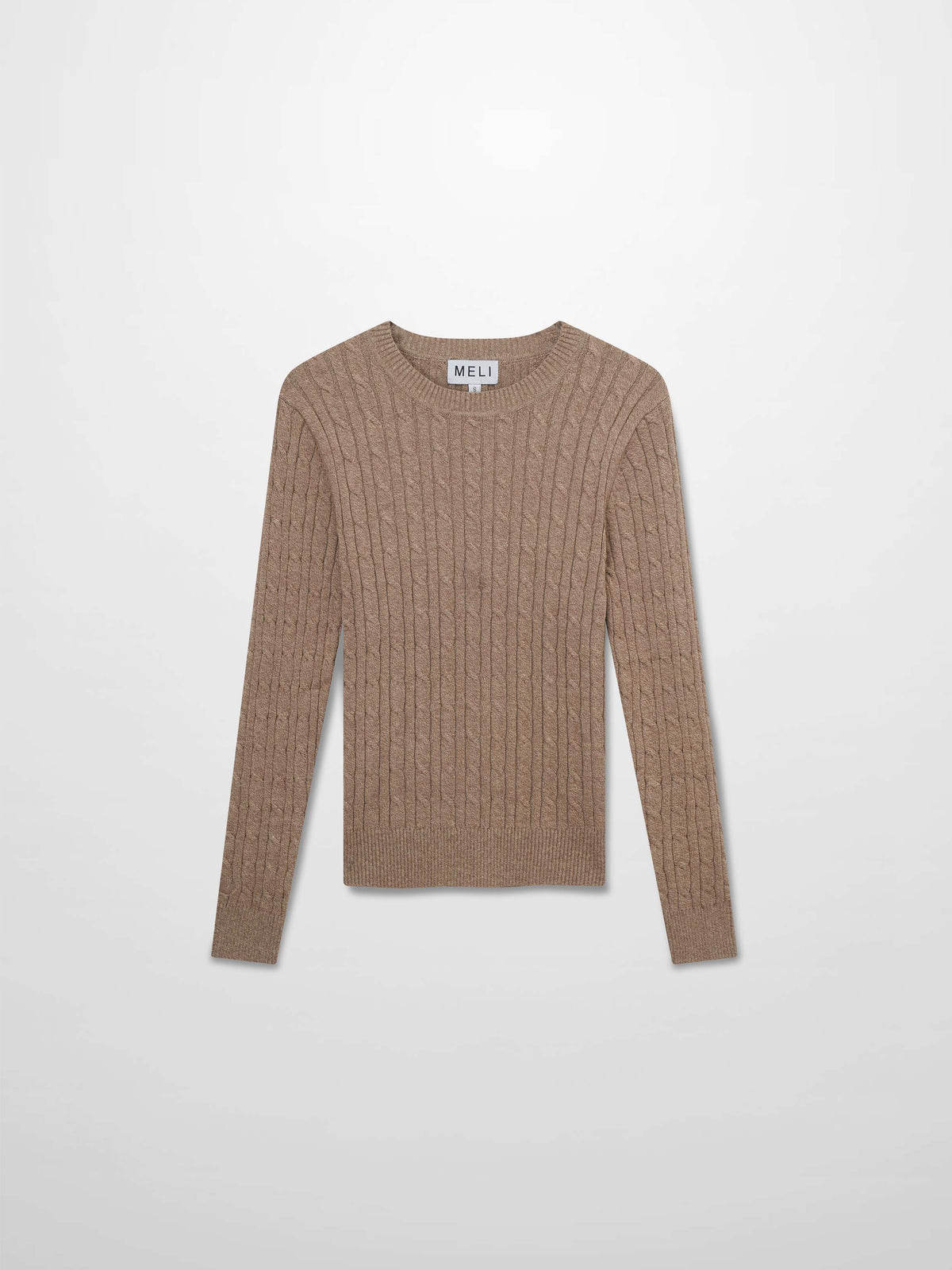 Crew Neck Cable Sweater-Heathered Camel