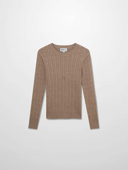 Crew Neck Cable Sweater-Heathered Camel
