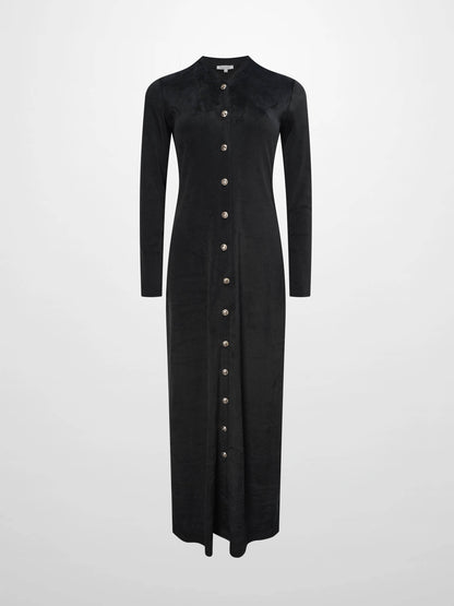 Velour Button Down Maxi Dress-Black