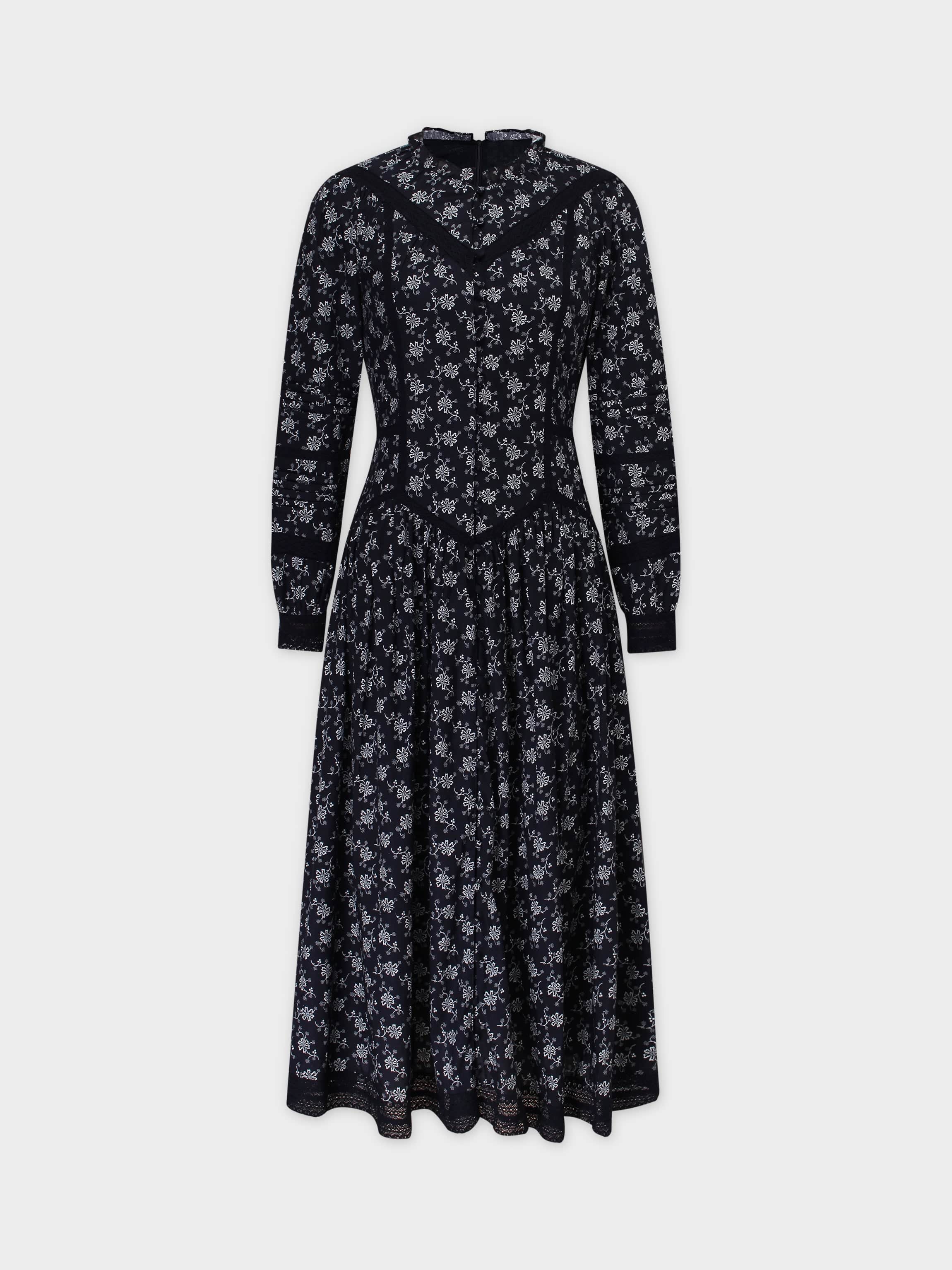 Lace Trim Detail Dress-Navy Floral