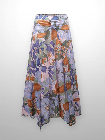 Asymmetrical Hem Ruffle Skirt-Brown Blue Floral