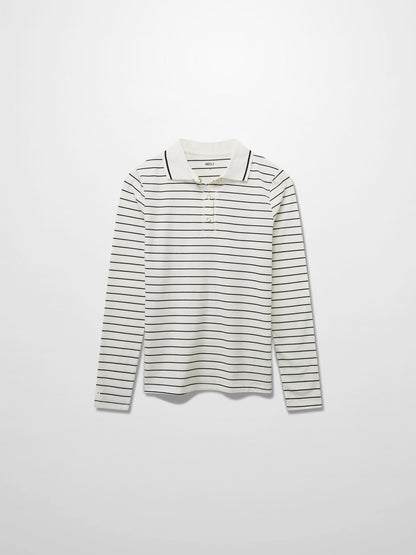 Striped Collar Snap Tee-Ivory/Black