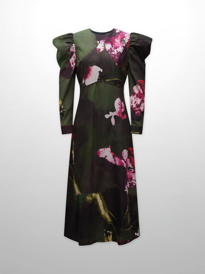 Empire Waist Puff Sleeve Dress-Green Forest