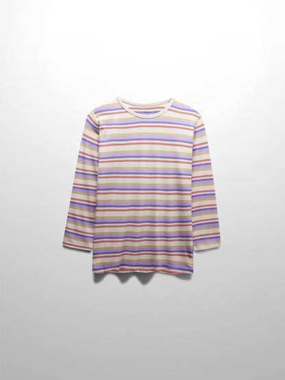 Ribbed Striped Crew 3/4 Sleeve-Orange/Purple