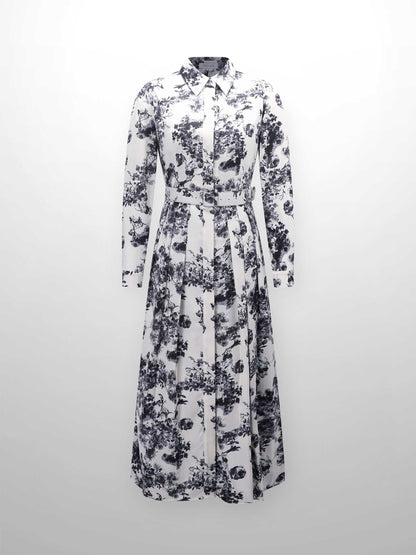 Belted Waist Pleat Shirtdress-Cream/Blue Floral