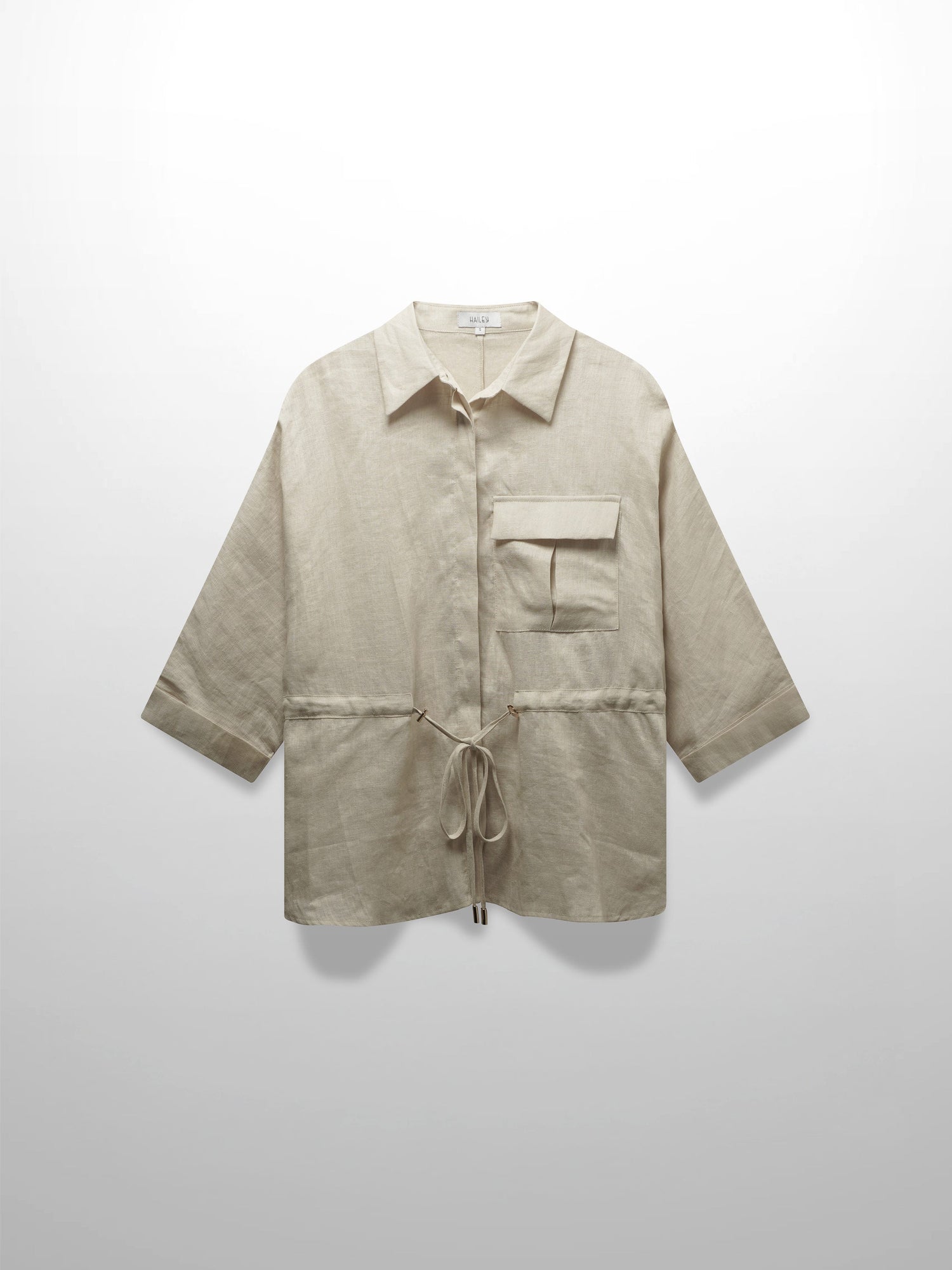 Drawstring Button Down Linen Top-Ecru