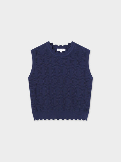 Scalloped Sleeveless Crew Neck Sweater-Blue