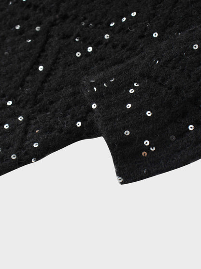 Open Crochet Knit Sequin Sweater-Black