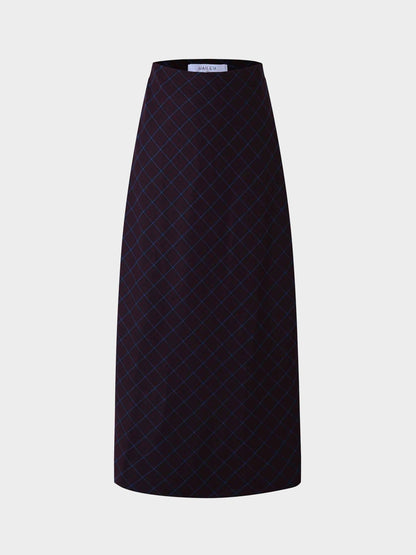 Leather Piped Skirt-Blue Plaid