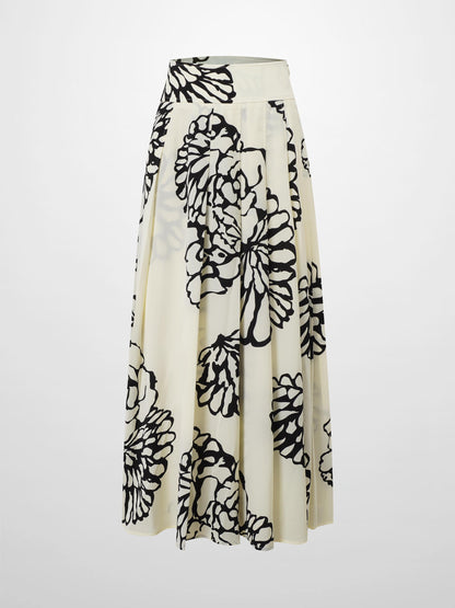 Printed Yoke Pleated Skirt-Cream/Black Floral