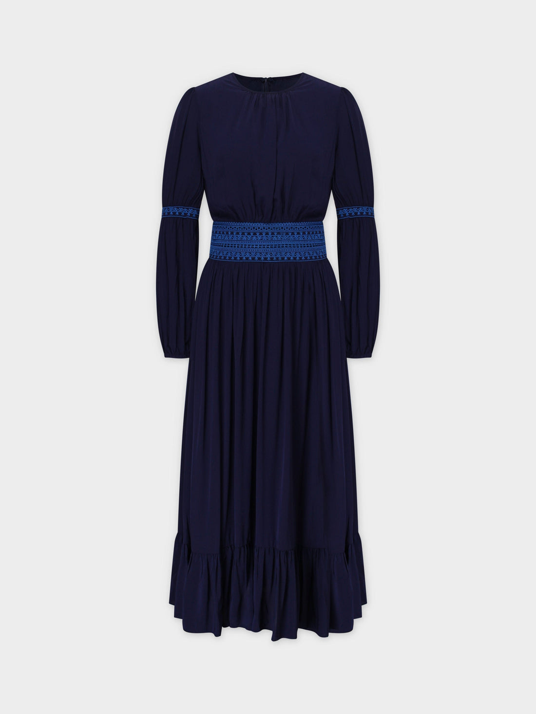 Embroidered Waist Dress-Blue