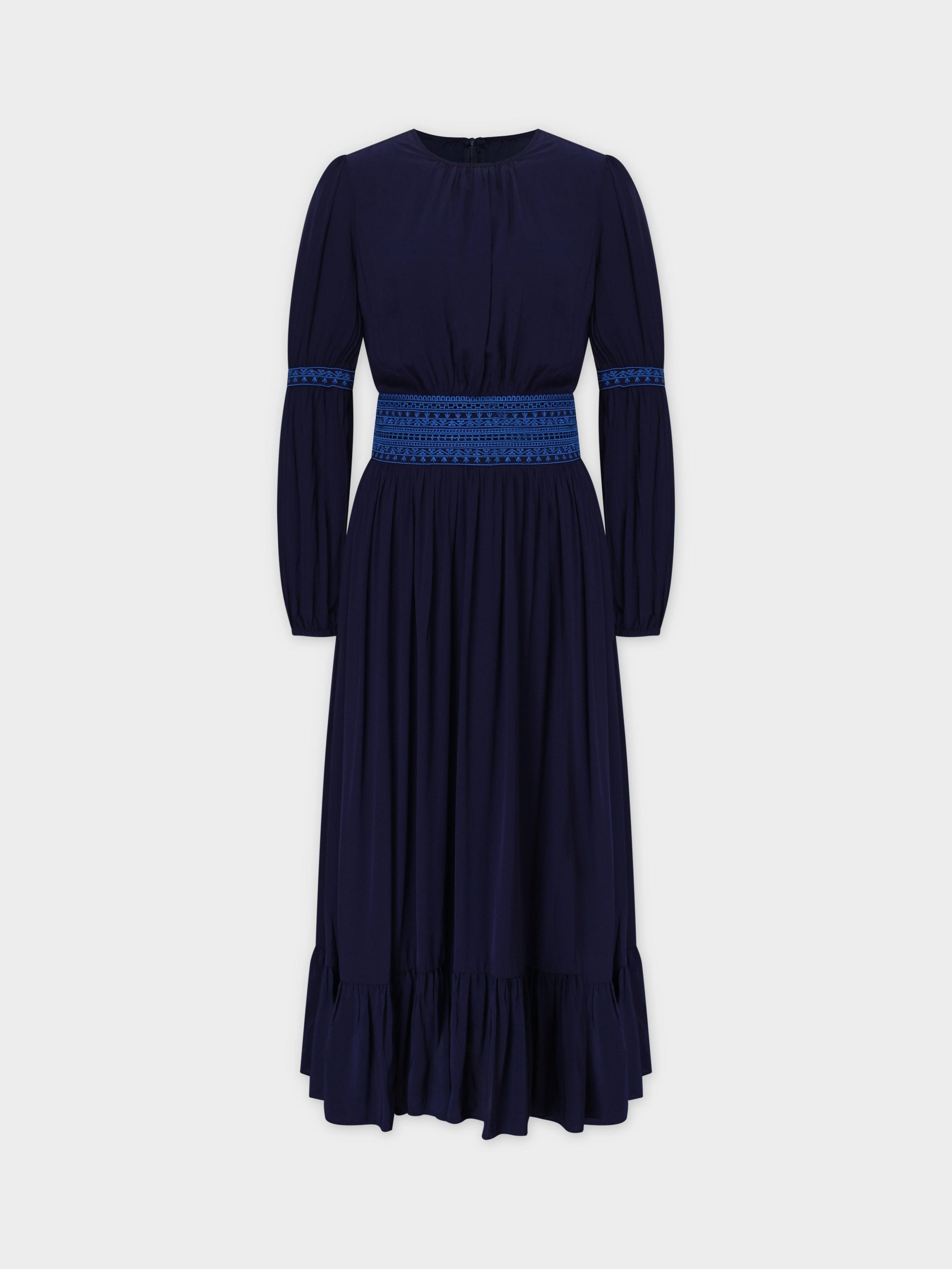 Embroidered Waist Dress-Blue