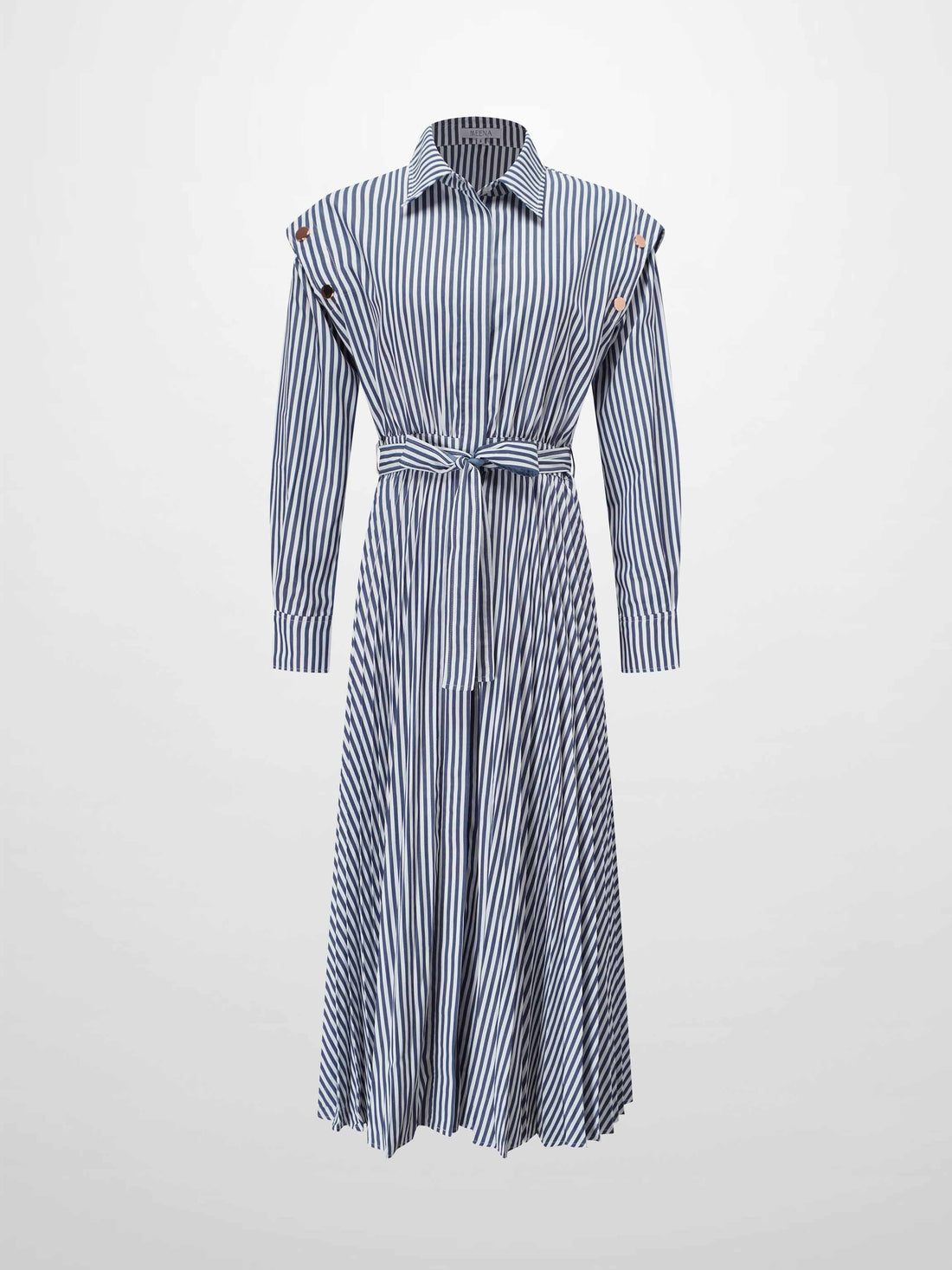 Pleat Bottom Waisted Shirtdress-Navy Pinstripe