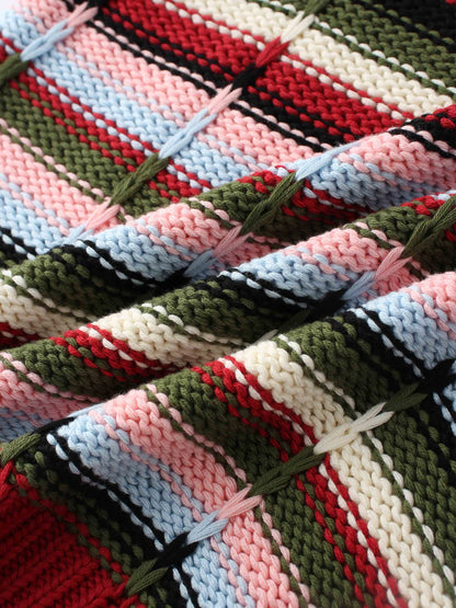 Overstitch Detail Striped Sweater-Burgundy