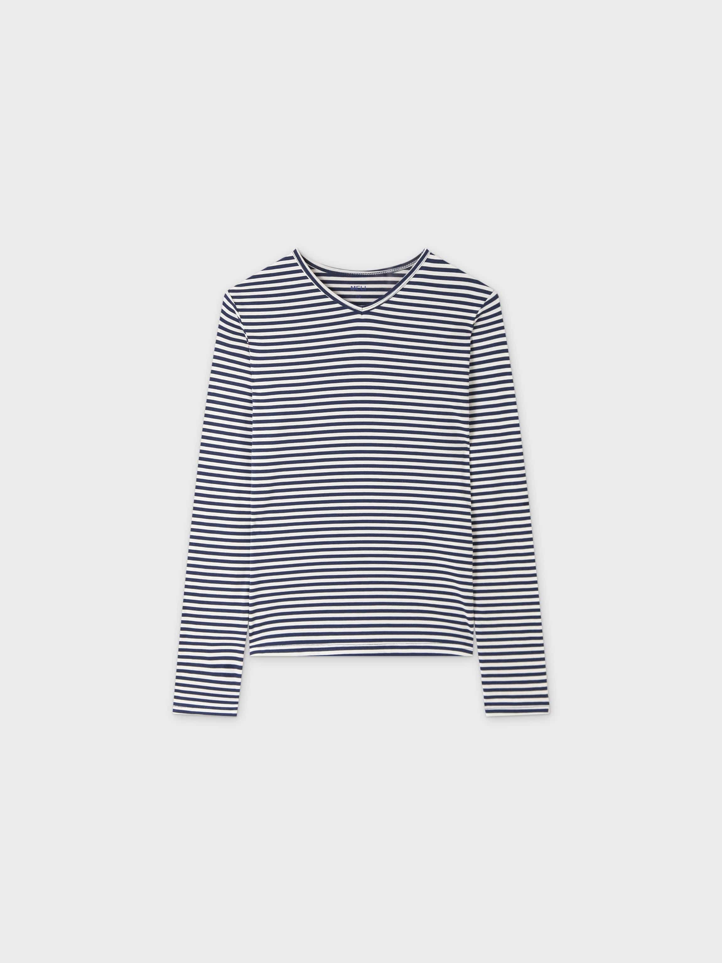 Thin Stripe High V Tee-Cream/Navy