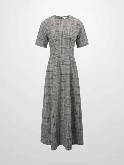 Front Pleat Square Neck Dress-Black/White Plaid