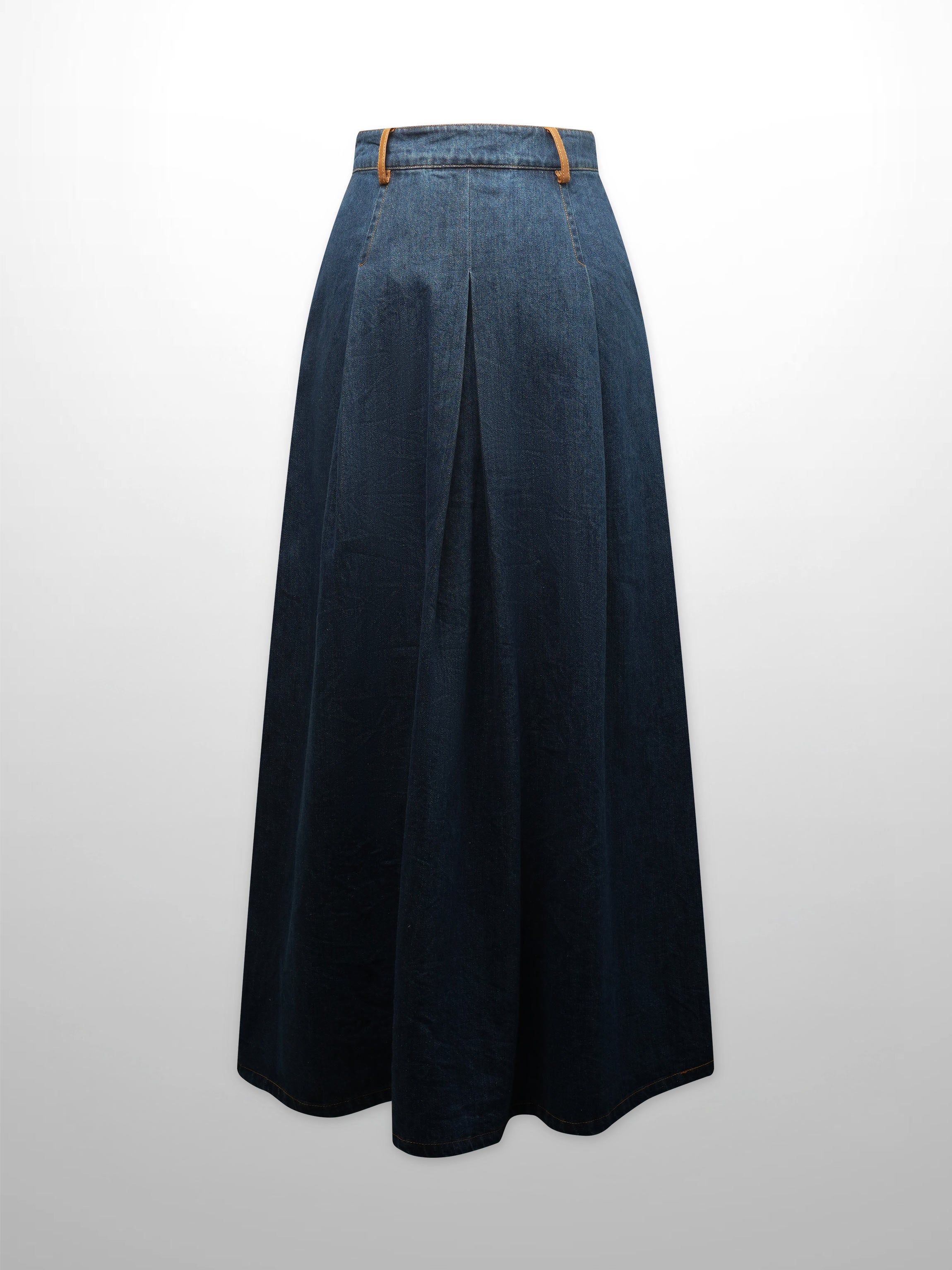 Leather Trim Denim Skirt-Blue