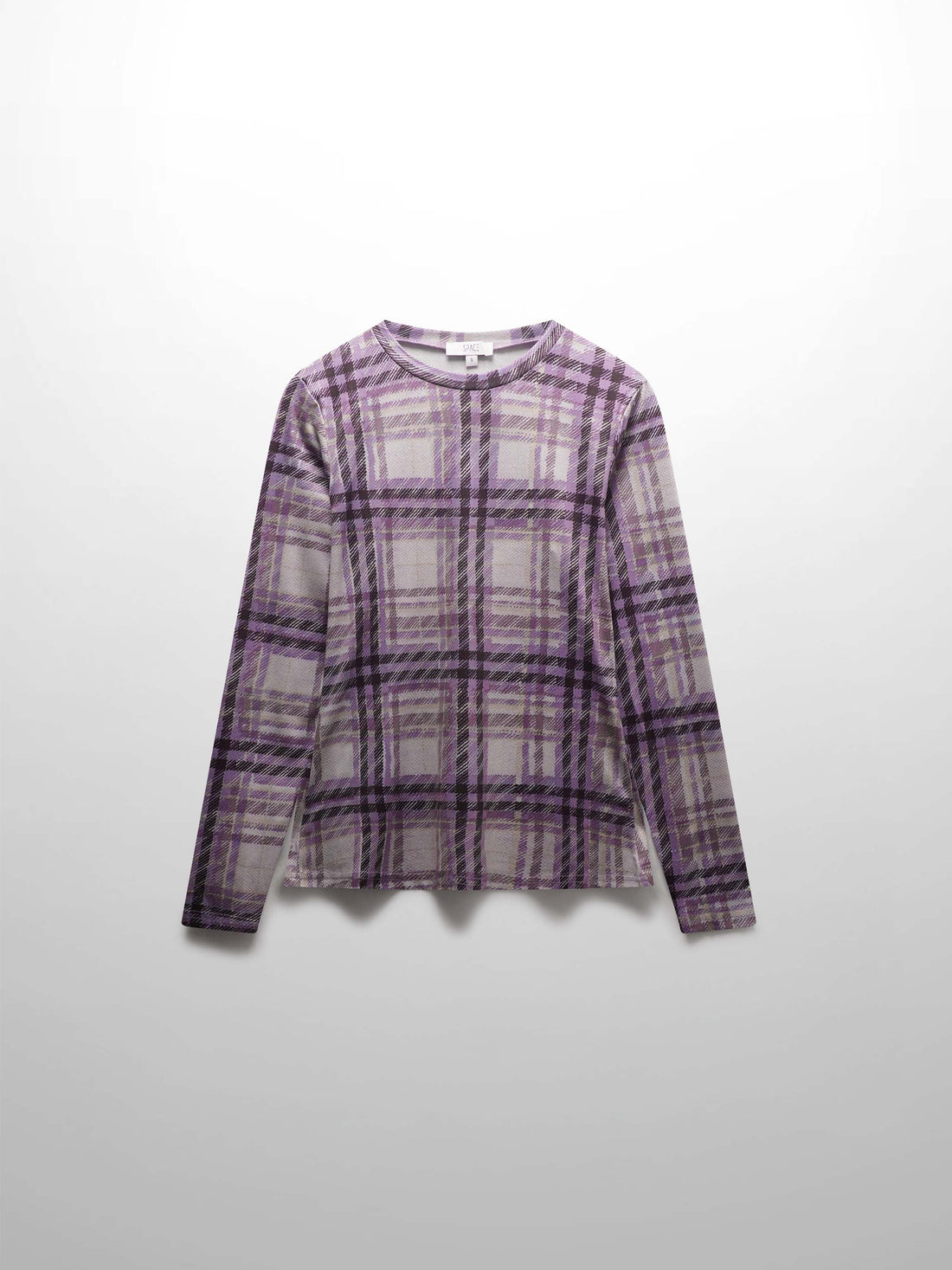 Stretch Printed Crew Top-Lavender Plaid