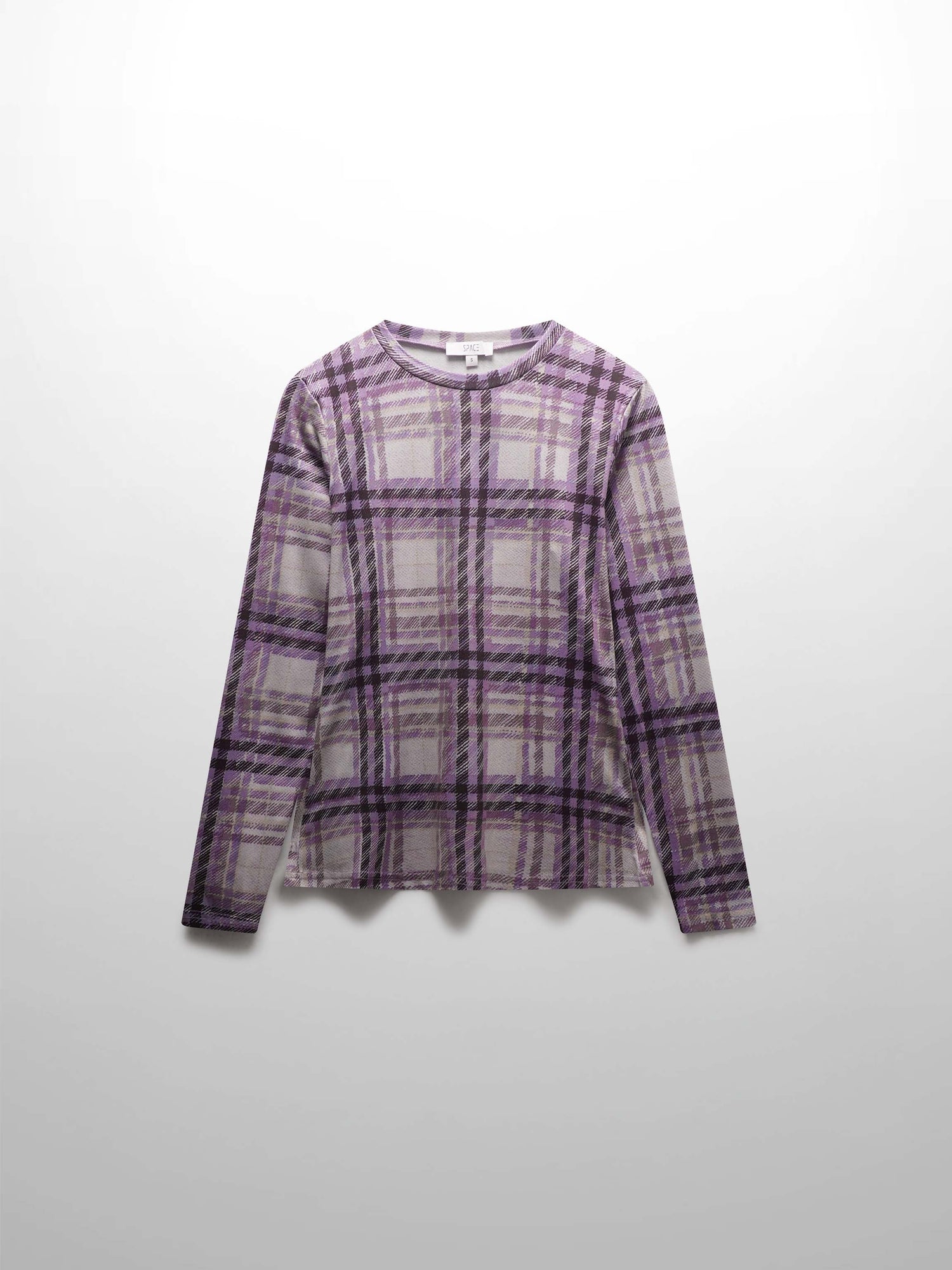 Stretch Printed Crew Top-Lavender Plaid