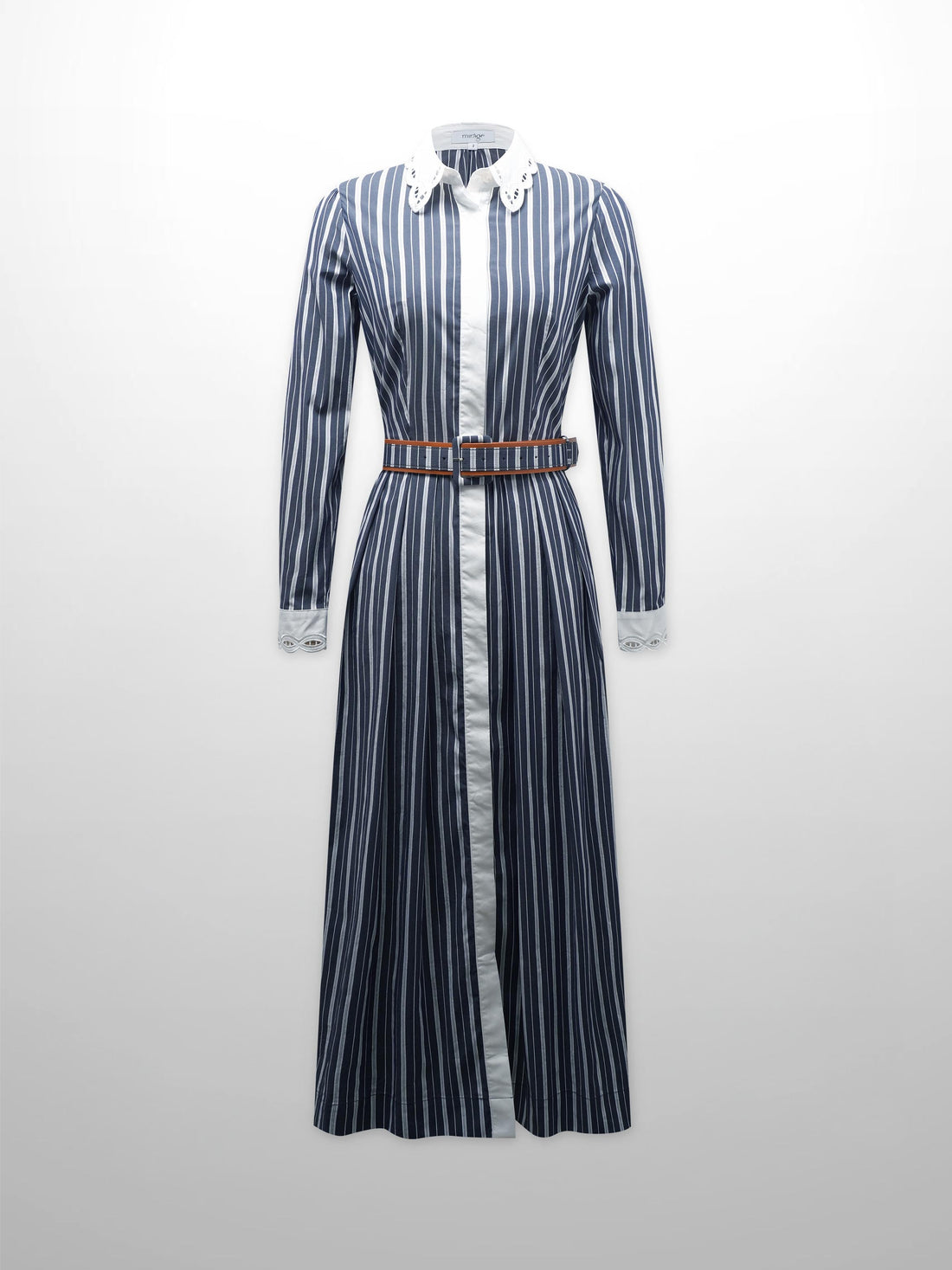 Scalloped Collar Shirtdress-Pinstripe