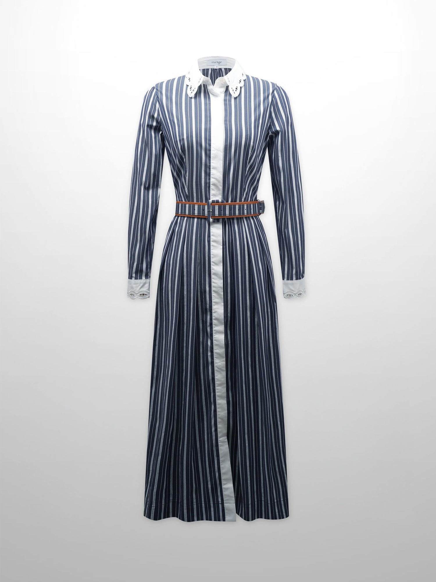 Scalloped Collar Shirtdress-Pinstripe