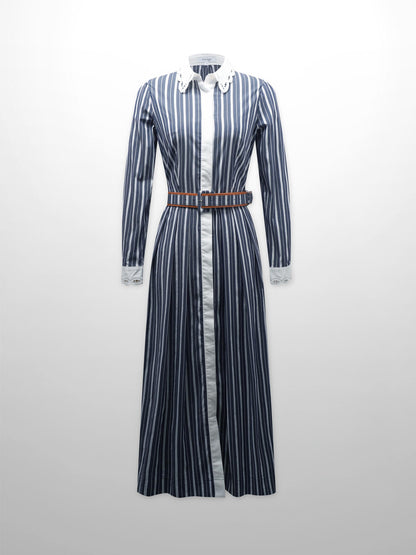 Scalloped Collar Shirtdress-Pinstripe