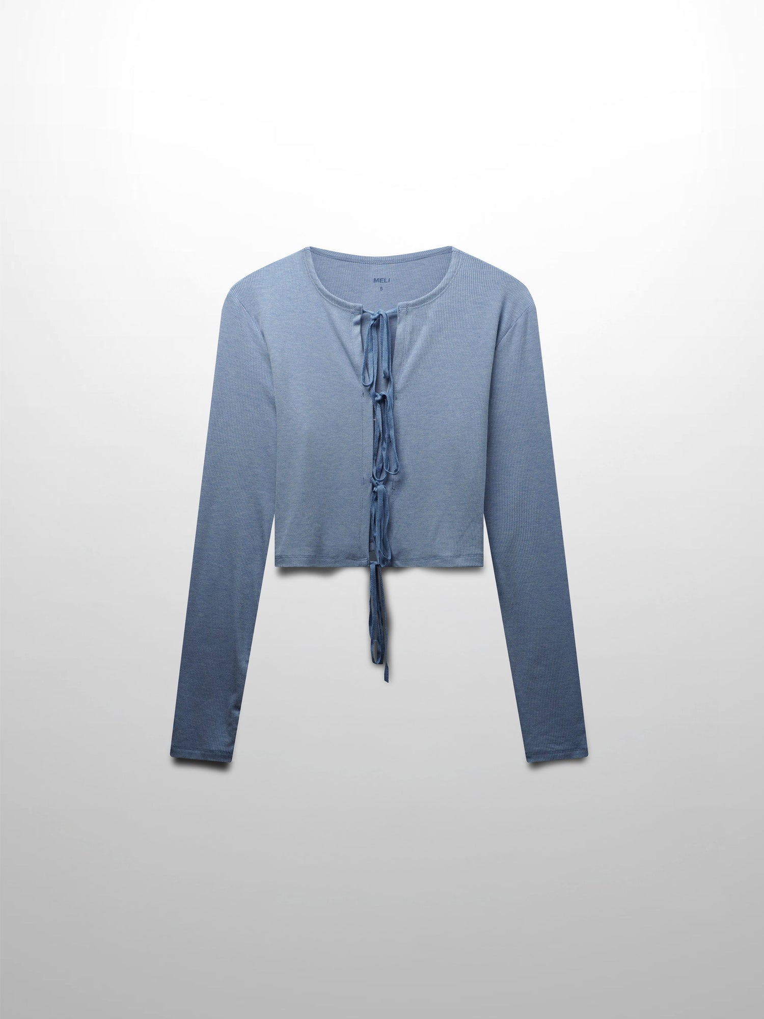 Ribbed Crop Bow Cardigan-Heathered Blue