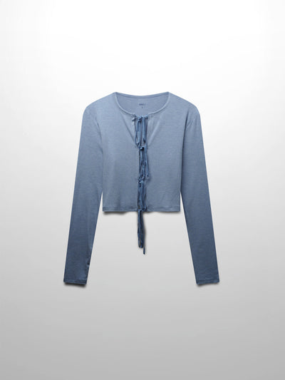 Ribbed Crop Bow Cardigan-Heathered Blue