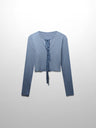 Ribbed Crop Bow Cardigan-Heathered Blue