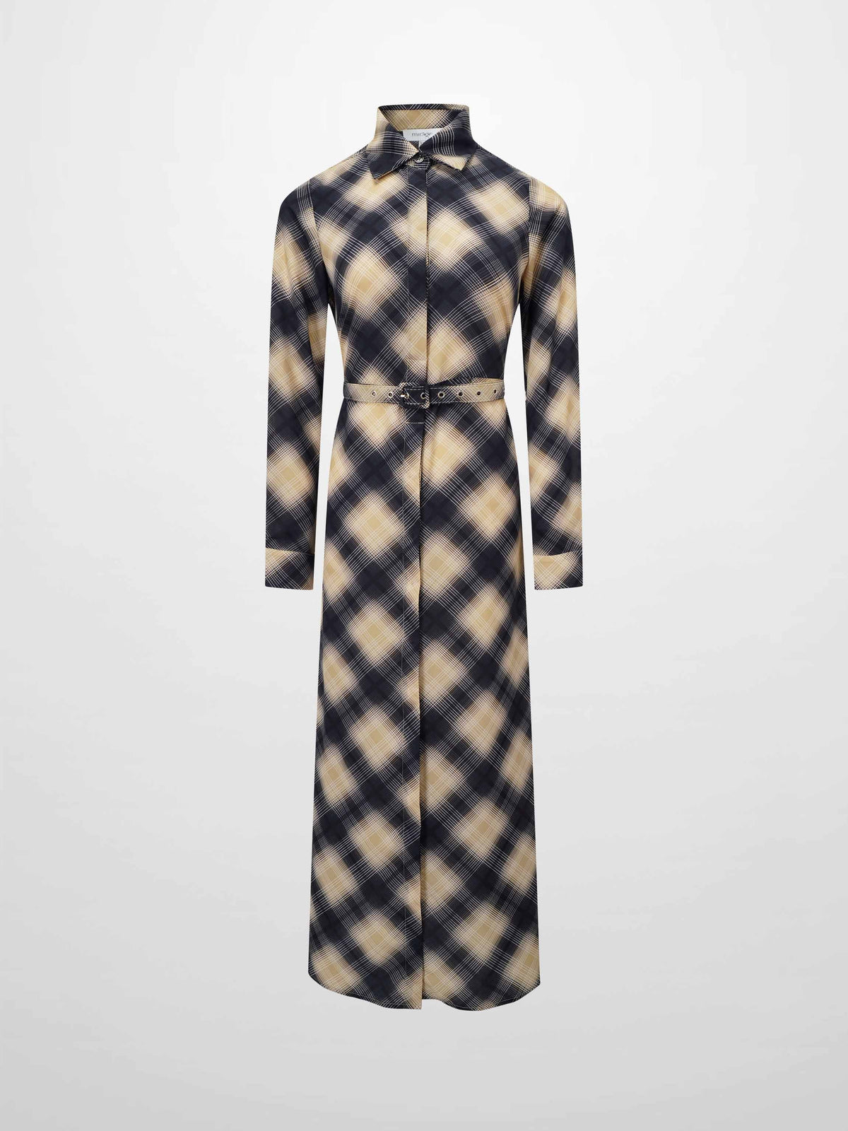 Basic Belted A-Line Dress-Black/White Plaid