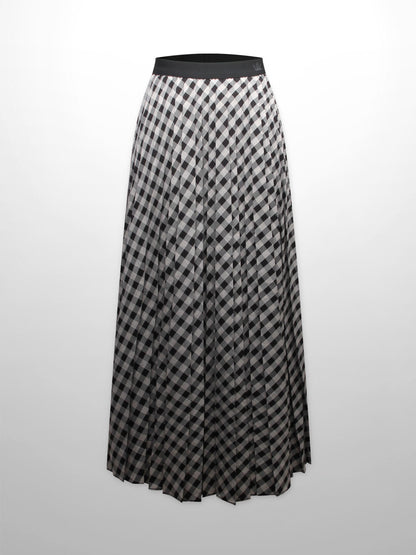 Printed Pleated Skirt-Tan/Black Gingham