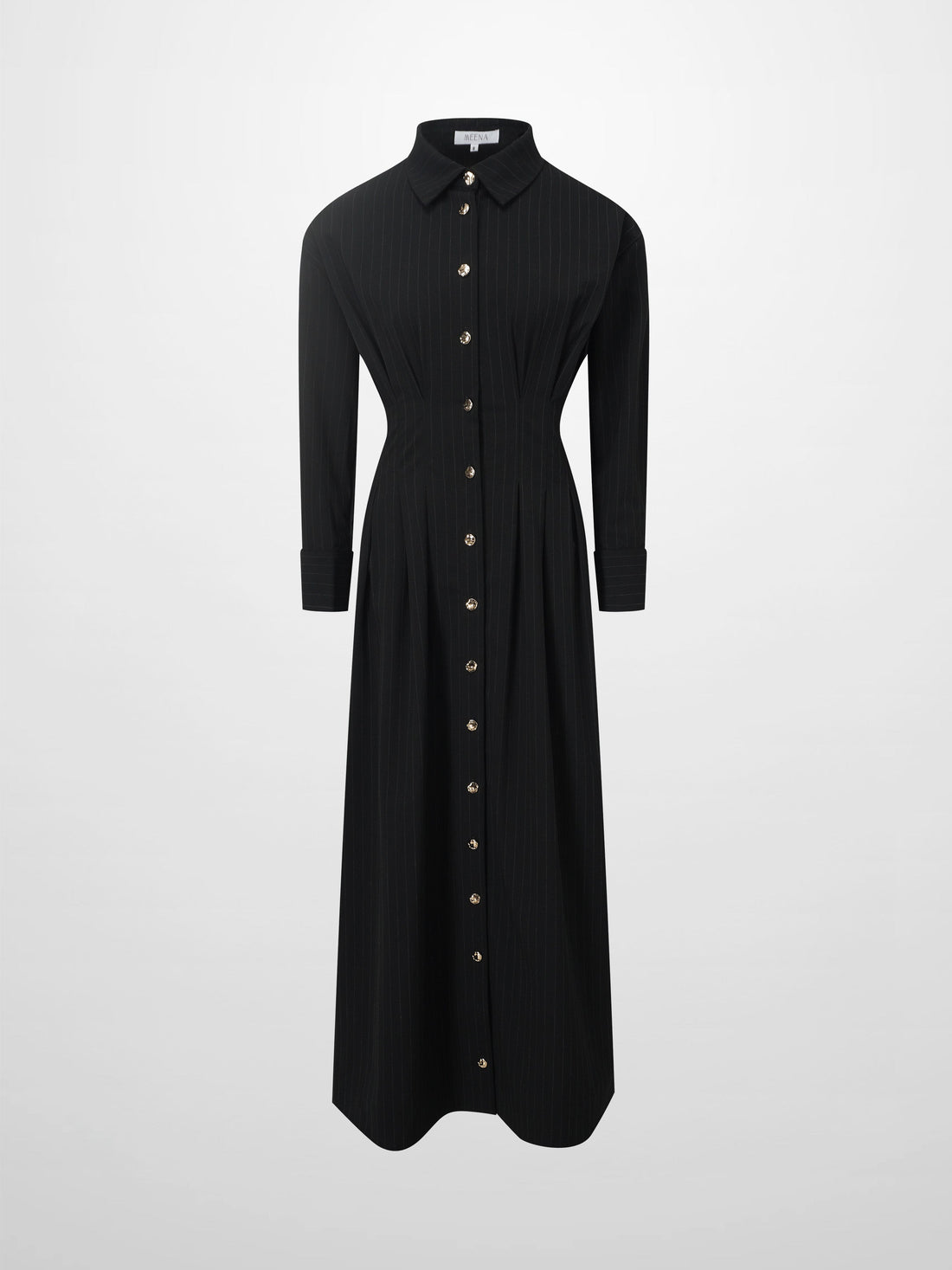 Pleat Waist Pinstripe Button Down Dress-Black