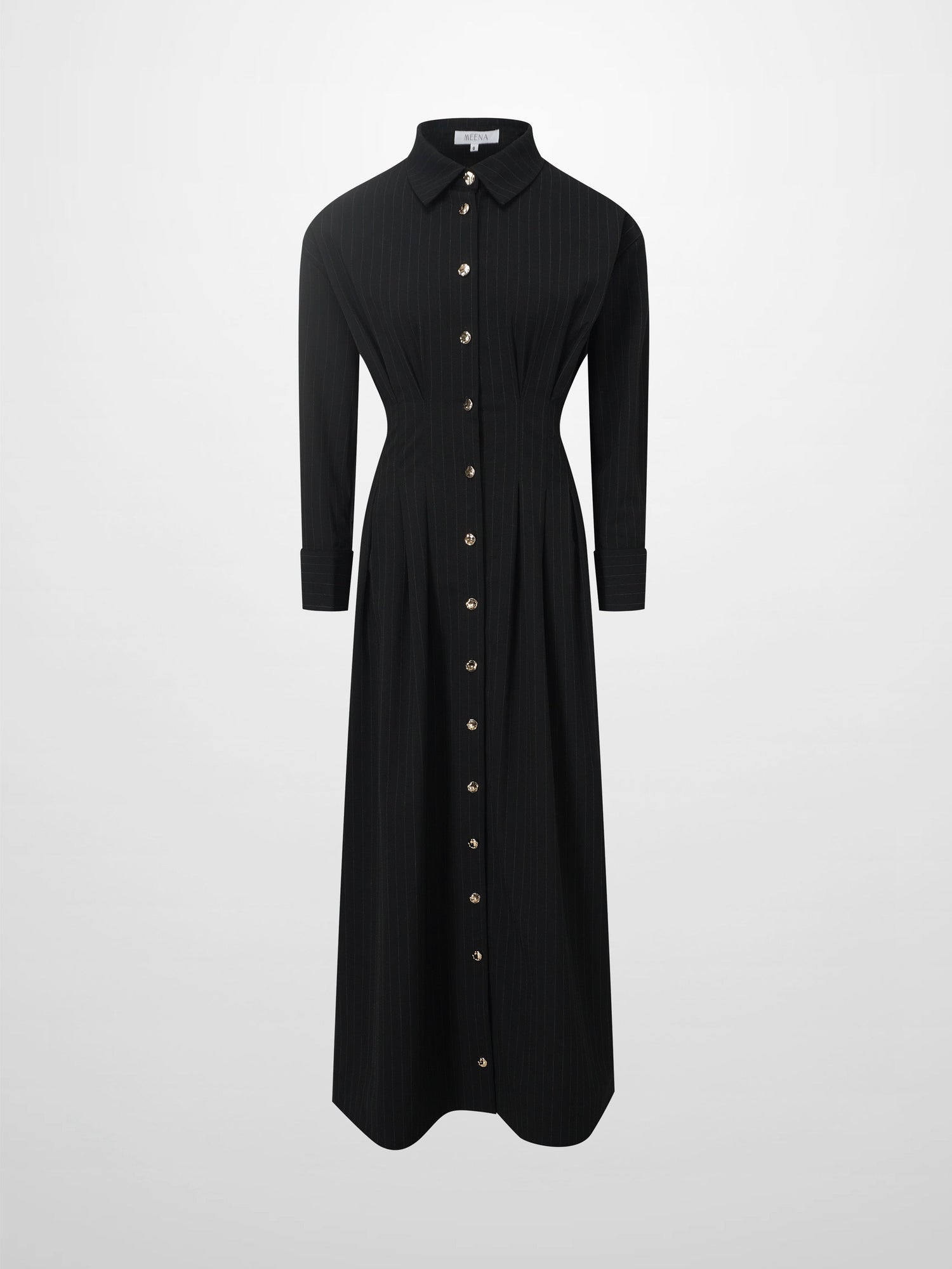 Pleat Waist Pinstripe Button Down Dress-Black