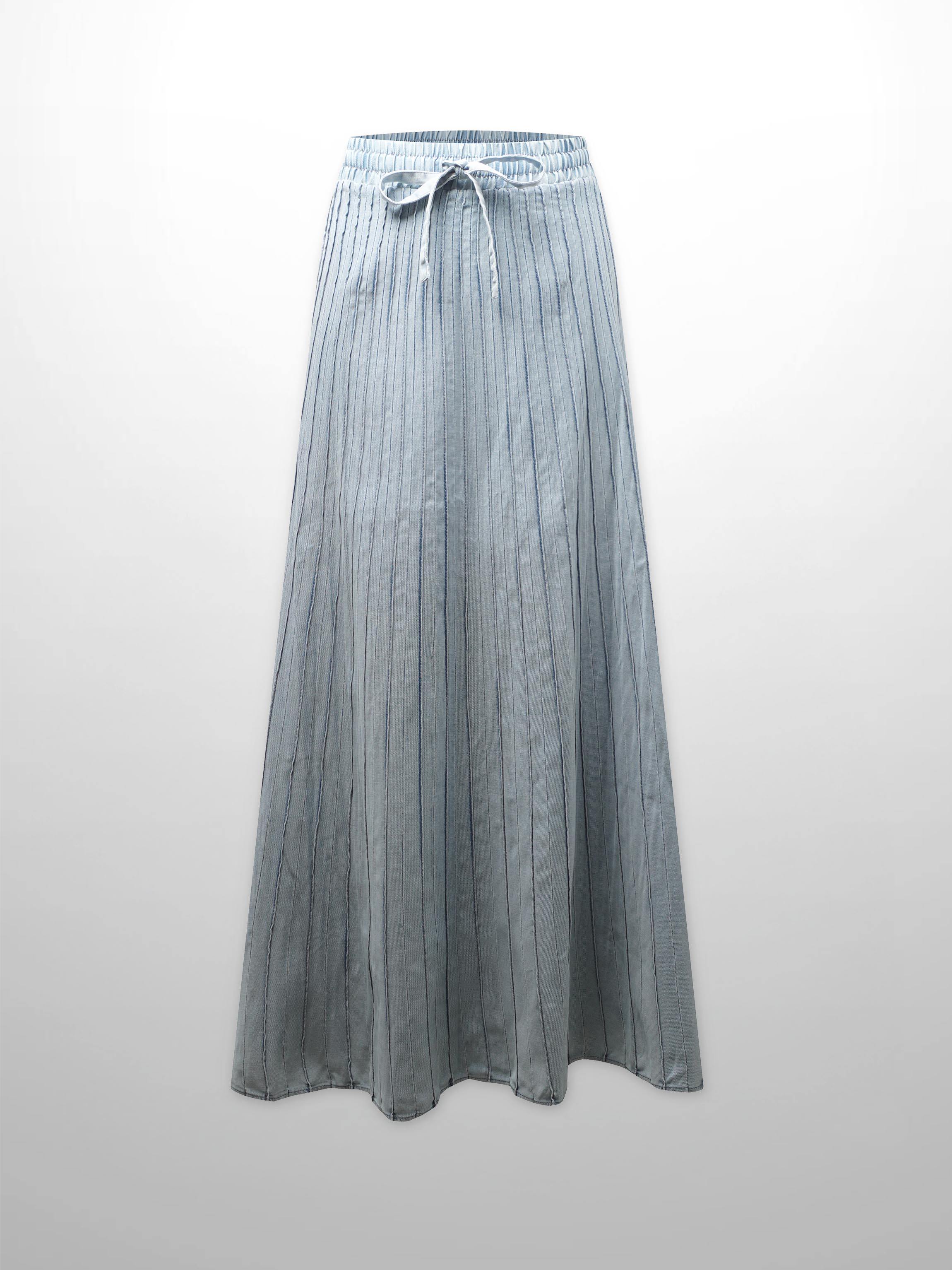 Stitched Micro Pleat Denim Skirt-Light Blue