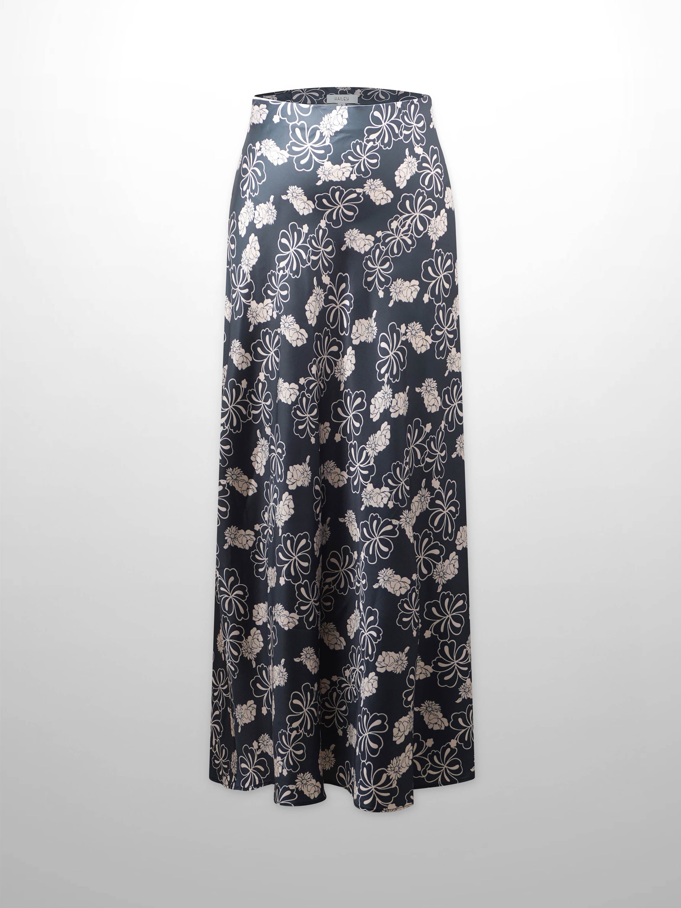 Printed Faux Satin Slip Skirt-Navy/Taupe Floral
